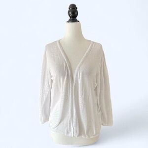 Belle White Knit Open Leaf Fern Pattern Cardigan Granny Sweater Cottagecore XL